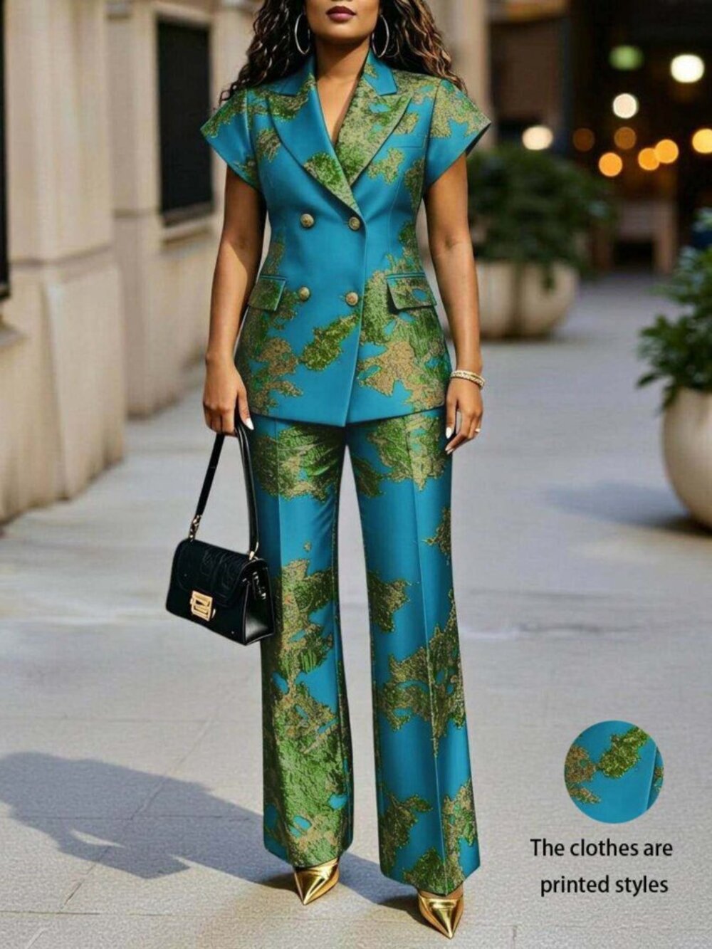Plus Size Teal Green Print Blazer Wide Leg Pants Set 0XL-3XL